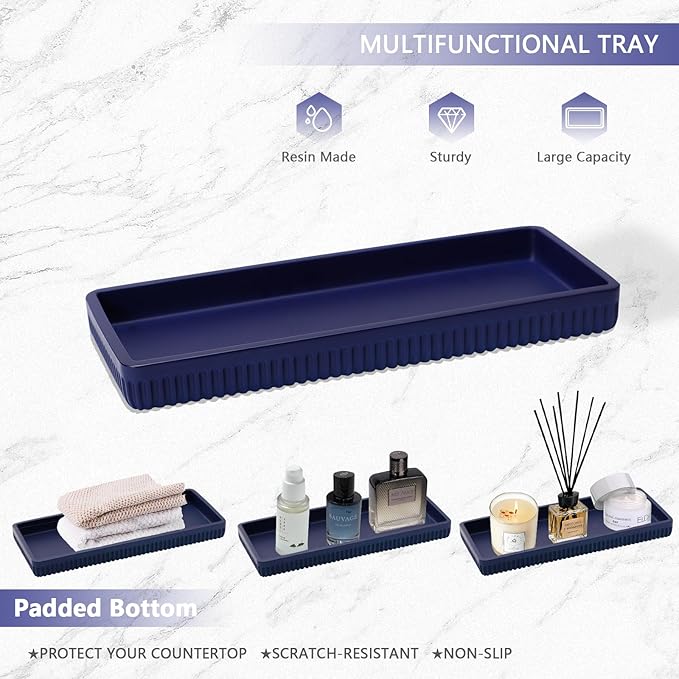 Resin Navy Blue Bathroom Accessories Set 5 Pcs, Lotion Soap Dispenser, Toothbrush Holder, Bathroom Tumbler, Qtip Holder and Vanity Tray, Bathroom Countertop Organizer Set for Modern Apartment