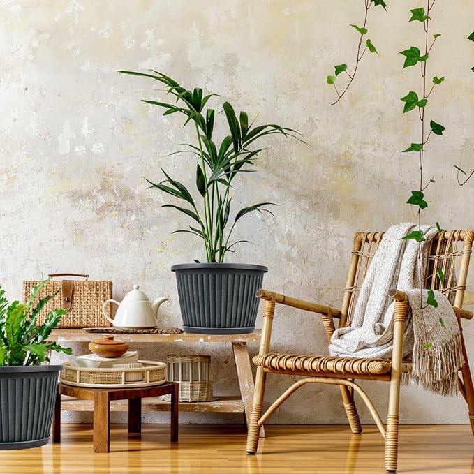 Planter-Pots-for-Plants-Indoor-Outdoor, 3 Pack 10 Inch Plastic Flower Pots with Saucer & Drainage Holes, Modern Garden Planters for Planting Medium Large Plants，Decorative Resin Garden Pots