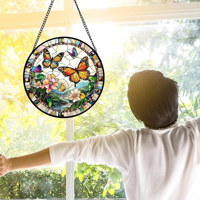 Stained Glass Window Hanging, Butterflies Flying in The Sky Suncatcher for Doors Home Sun Catchers Decoration and Christmas, Mother's Day Birthday Gifts for Women, Men, and Mom 14.9x14.9 in