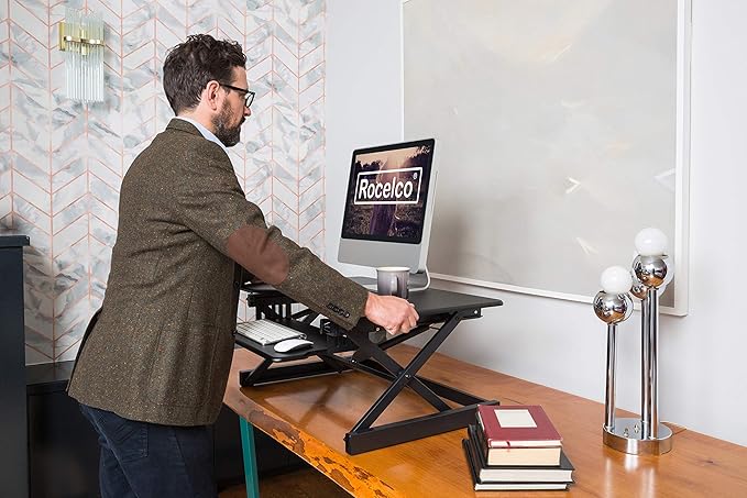 Rocelco 38" Large Height Adjustable Standing Desk Converter - Quick Sit Stand Up Dual Monitor Riser - Gas Spring Assist Tabletop Computer Workstation - Retractable Keyboard Tray - Black (R DADRB-38)