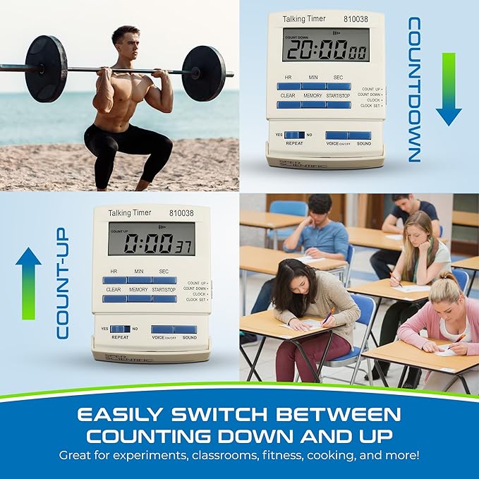 Sper Scientific Talking Timer with Audible Countdown Voice Announcements 810038 - Large LCD Display, Hands-Free Timer with Loud Alarm & Memory Recall - Perfect for Cooking, Labs, Fitness & more - 4 pc