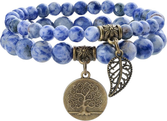 Bivei Natural Semi Precious Gemstone beads bracelet for women - Life Tree and Leaf Charm Energy Reiki Crystal Stretch Bracelets