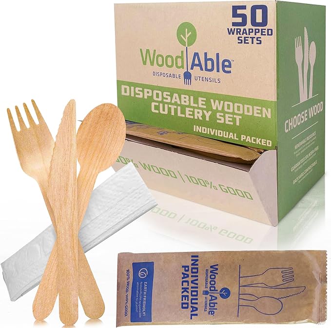 Disposable Wooden Cutlery Set - 100% Home Compostable - 50 Wrapped Sets Dispenser (Fork, Knife, Spoon & Napkin), 6.5", Bamboo Utensils Alternative, Eco-Friendly, Carbon Neutral Certified