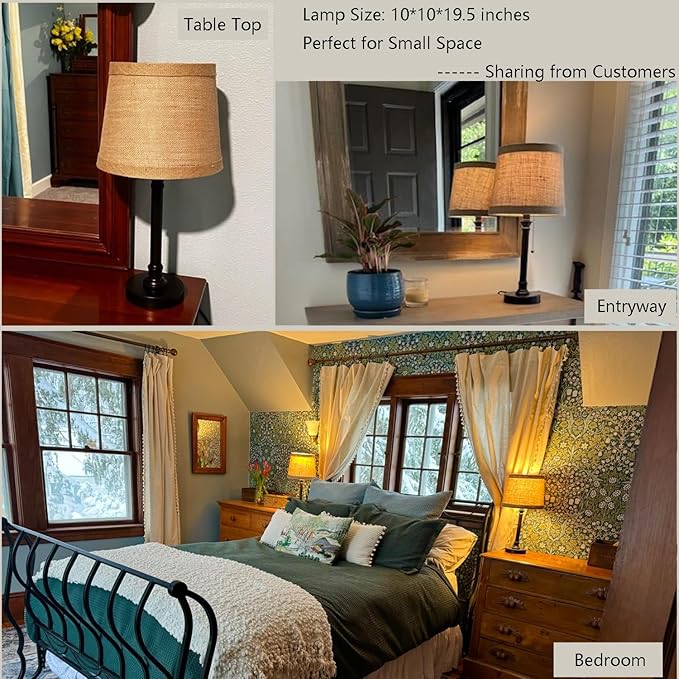 Oneach 19.5" Small Table Lamp for Bedroom - Bedside Lamps for Nightstand, Black Table Lamp for Living Room with Fabric Shade, Desk Reading Lamp for Kids Room Living Room Office Dorm