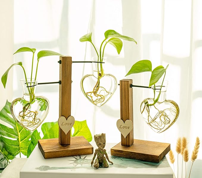 Kingbuy Hydroponic Glass Vase Vintage Desktop Plant Terrarium Planter Bulb Vase Water Planting Propagation Vase Planters Hydroponics Plants with Retro Wooden Stand Home Garden. (D(1 Heart Vase))