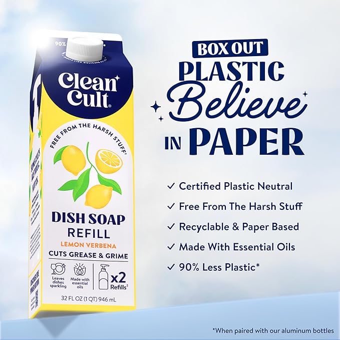 Cleancult Dish Soap Liquid Refill (32oz, 1 Pack) - Plant Based Cleaning Power - Dish Soap that Cuts Grease & Grime - Free of Harsh Chemicals - Uses 90% Less Plastic - Lemon Verbena