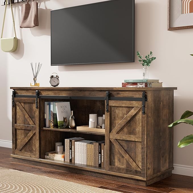 YESHOMY TV Stand for Televisions up to 65 Inches, with Sliding Barn Doors and Storage Cabinets, Console Table and Media Furniture for Living Room, 58 Inch, Barnwood