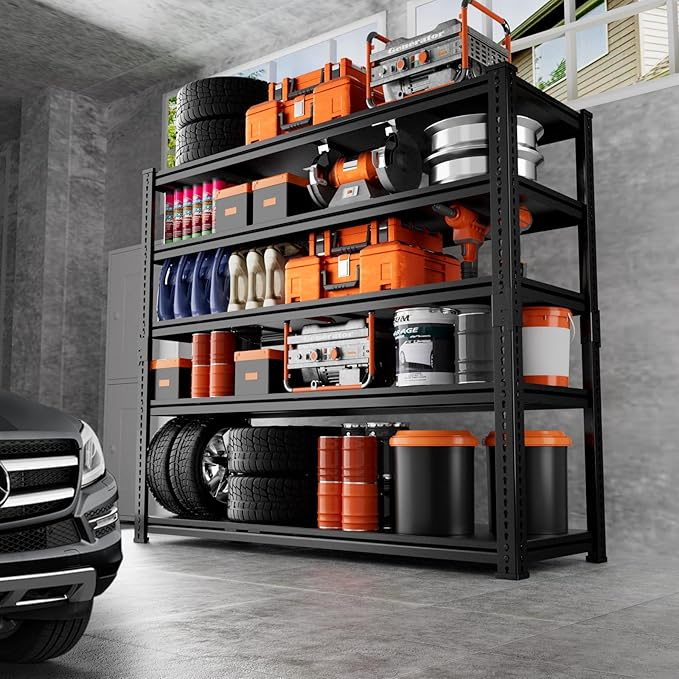 Storage Shelves Heavy Duty 4 PCS, 48"L x 18"W x 72"H Garage Storage Shelves Unit Loads 3700LBS, 5-tier Adjustable Metal Industrial Utility Shelf Rack for Kitchen, Laundry Room, Warehouse, Basement