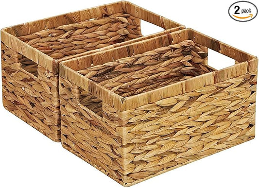 Rectangular Storage Basket 2PCS Water Hyacinth Baskets,Hand-Woven Baskets with Handles,12.99x7.08x8.26″for Living Bedroom Organizing Shelves