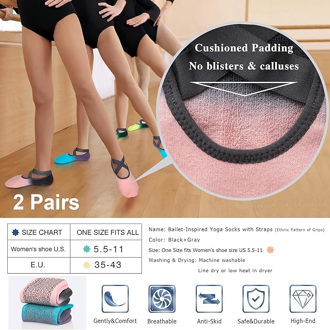 Ozaiic Yoga Socks for Women Non-Slip Grips & Straps, Ideal for Pilates, Pure Barre, Ballet, Dance, Barefoot Workout