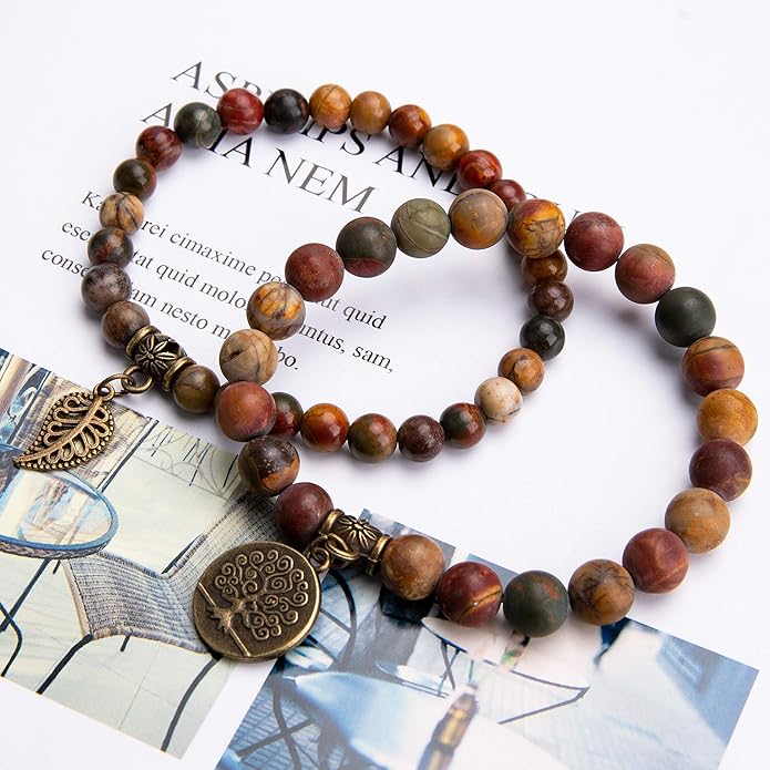 Bivei Natural Semi Precious Gemstone beads bracelet for women - Life Tree and Leaf Charm Energy Reiki Crystal Stretch Bracelets