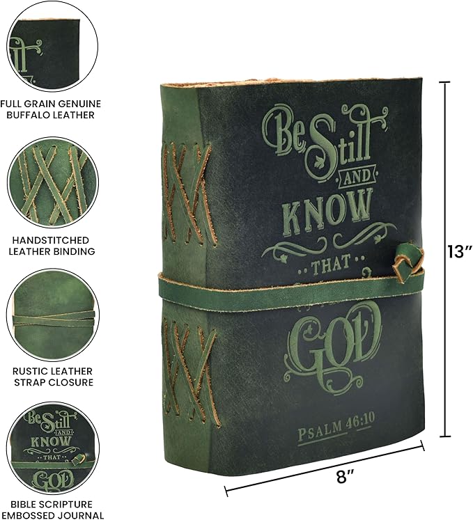 LEATHER VILLAGE Vintage Leather Journal with Psalm 46:10 Bible Verse–13''x8'' Embossed Prayer Study Journal for Women & Men – 200 Pages Handmade Cotton Deckle Edge Watercolor Paper - Green