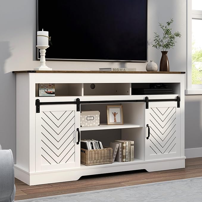 RoyalCraft TV Stand for 65+ Inch TV: Farmhouse Entertainment Center with Storage, Wood TV Console Cabinets with Sliding Barn Door, Tall Media with Adjustable Shelves for Living Room, Ivory & Oak