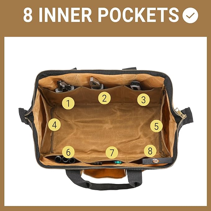 Heavy-Duty Waxed Canvas Tool Tote Bag - Wide Mouth Open Top Organizer with Reinforced Handle | Large Capacity Tool Pouch for Wrenches, Screwdrivers & DIY Supplies (15 x 11.5 x 7.8 inch, Khaki)