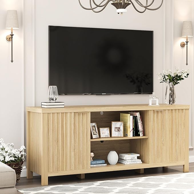 TV Stand for 65 inch TV, Modern Mid Century Entertainment Center with Storage, Media Consol with Fluted Door Cabinets and Open Shelves, Wooden, for Living Room, Bedroom, Office Furniture,MLTV21Y