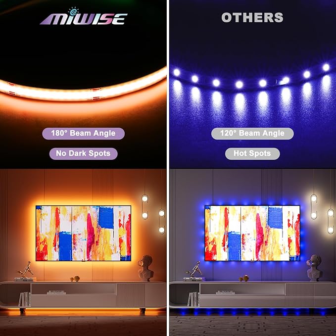 MIWISE RGB COB LED Strip Light 9.84ft/3m,Color Changing Dimmable Strip Light DC24V,Compatible with Alexa/Google Assistant/Tuya Multicolor Flexible Tape Light,for TV,Bedroom,Party DIY Decoration