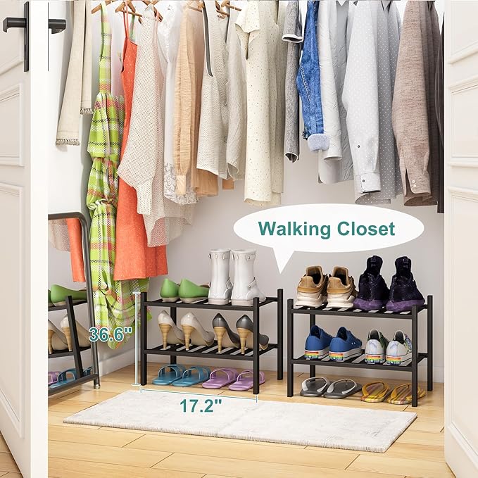 Black Small Shoe Rack for Entryway,2-Tier Bamboo Shoe Organizer for Hallway Closet, Free Standing Shoe Racks for Indoor Outdoor