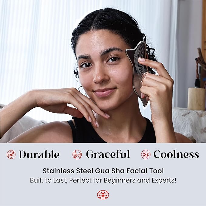 Rena Chris Stainless Steel Gua Sha Facial Tools - Acupressure & Gua Sha for Face Massage, Jawline Sculpting, Puffiness Reduction, Skin Care Tool (Silver)
