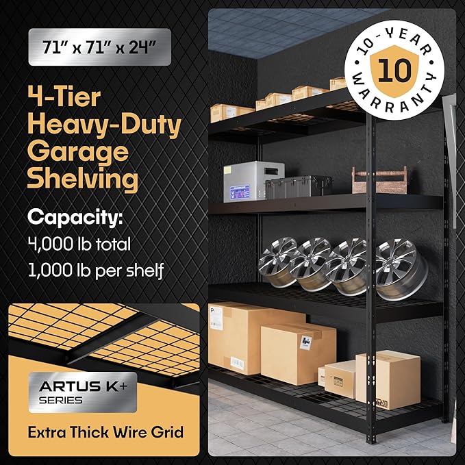 Metalkast Heavy-Duty Metal Garage Shelving | 71" H x 71" W x 24" D | Adjustable Industrial Storage Rack with Wire Shelves | 4-Tier Steel Shelving Unit, 4,000LB Capacity, Rust-Resistant Coating