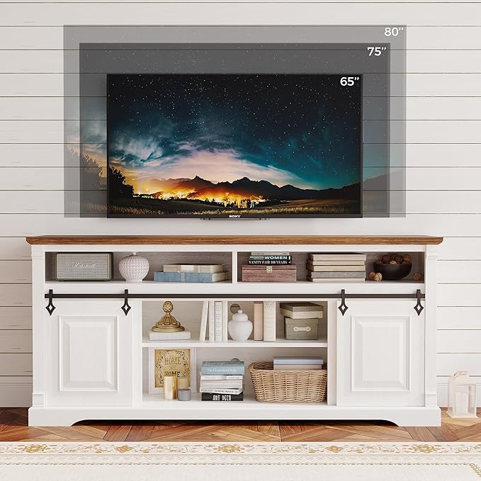 IRONCK Farmhouse TV Stand for 75+ Inch TV, 70" Entertainment Center with Storage Cabinets and Sliding Barn Door, Media Console for Living Room, White