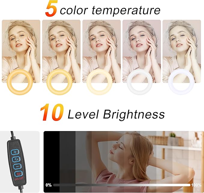 UEGOGO 10'' Ring Light with 72'' Tripod Stand, Dimmable LED Ringlight for Live Stream, Photography, Makeup, Video Recording