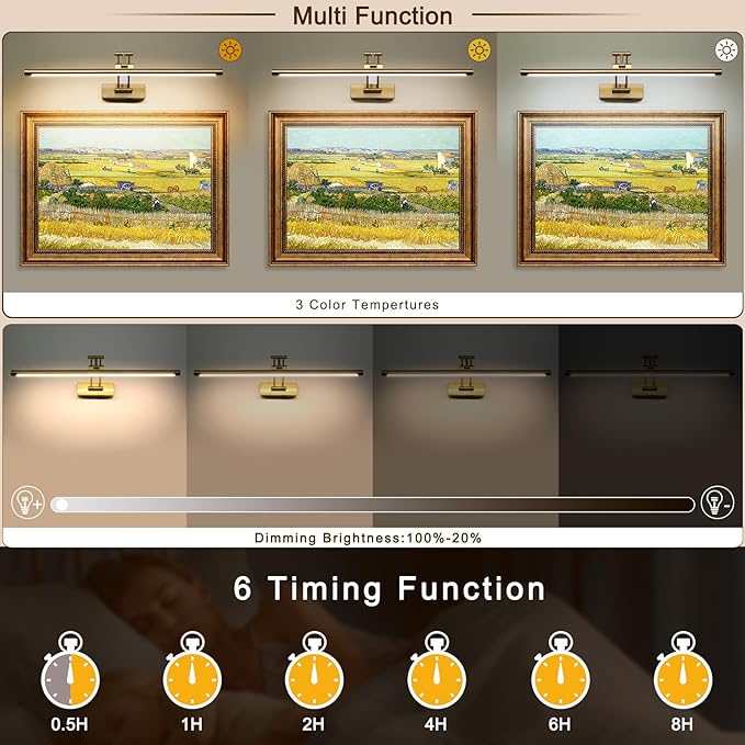 Picture Light Battery Operated with Remote LED Dimmable Picture Light for Paintings, Brass Rechargeable 24 inch Battery Operated Wall Sconce for Art Lighting Gallery Portrait Artwork