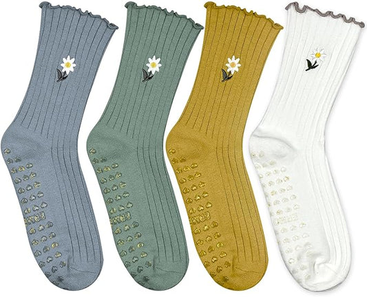4 Pairs Cute Pilates Grip Socks for Women – Ruffle Top Non Slip Yoga Barre Crew Socks for Workout, Dance, Hospital