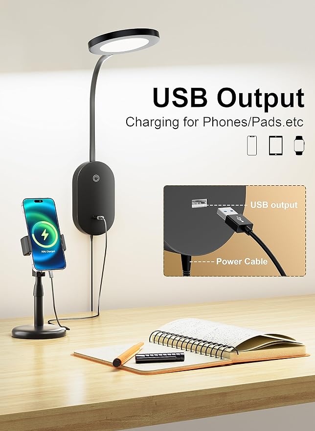 deeloop LED Wall Mounted Reading Light for Bed, Book Light for Wall Bedside Lamp with USB Output, 4 Hour Auto-Off Timer Lights，Eye-Caring Reading Lamp with 5 Dimmable 360° Gooseneck Headboard Light