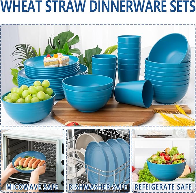 LIYH 48 Pcs Blue Wheat Straw Dinnerware, Plates and Bowls Set, Camping Dish Set for 12, Plastic Dinnerware Set, Dishwasher Safe Dinnerware Set, Unbreakable Plastic, Camper Dish Sets