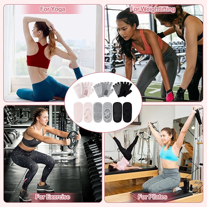 Shihanee 6 Pairs Non Slip Yoga Gloves Socks Set for Women Silicone Dot Grip Fingerless Gloves Towel Bottom Pilates Socks Yoga Accessories for Workout Exercise Hanging Fit Cycling