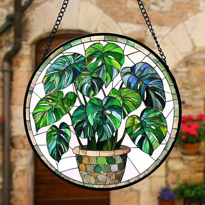 Stained Glass Window Hanging, Green Plant Monstera t Suncatcher Diamond Colorful Glass Panel Sun Catchers Decor for Birthday for Women, Men, Wife, Aunt, and Mom 6.3 in