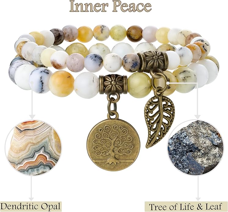 Bivei Natural Semi Precious Gemstone beads bracelet for women - Life Tree and Leaf Charm Energy Reiki Crystal Stretch Bracelets