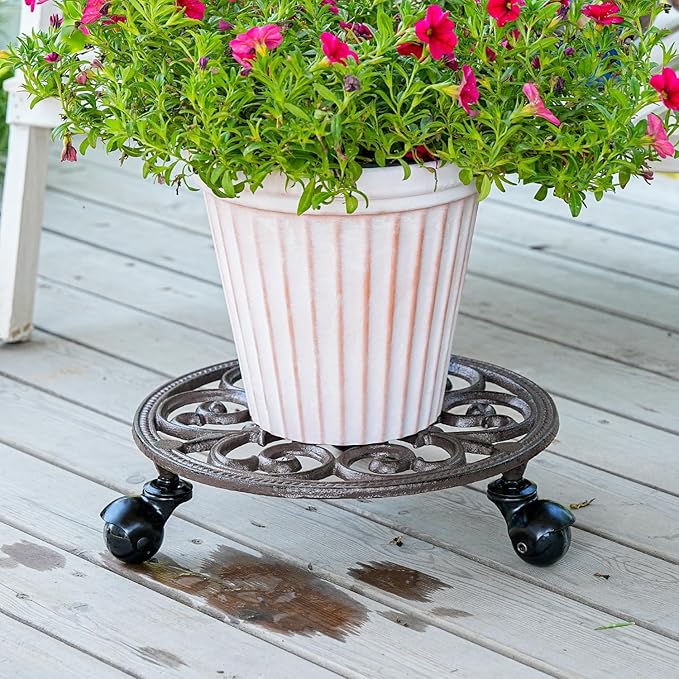 Sungmor Heavy Duty Cast Iron Plant Caddy,11" Round Potted Plant Stand Flower Pot Rack on 3 Solid Wheels,Indoor Outdoor Planter Holder Trolley Casters Rolling Tray