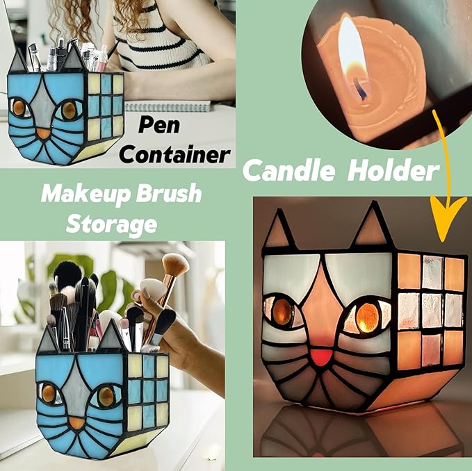 Stained Glass Blue Cat Planter,Plant pots with Drainage Holes, Plant Flower Pot for Houseplants and Succulents,Cute Blue Cat Plant Lover Gift 4.6x3x5.15 in