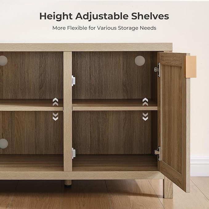 SICOTAS Rattan TV Stand for Living Room - 26" Tall TV Console Cabinet with Storage and Adjustable Shelf, Boho Entertainment Center, 59" Media Console for 50, 55, 65 Inch TV, Light Oak