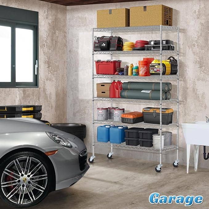 6-Tier Storage Shelves | 2100 LBS Capacity Garage Shelving | 48"×18"×82" Heavy Duty Metal Shelving Unit | Adjustable Wire Shelf on Wheels | Storage Rack for Garage Kitchen Pantry Basement, Chrome