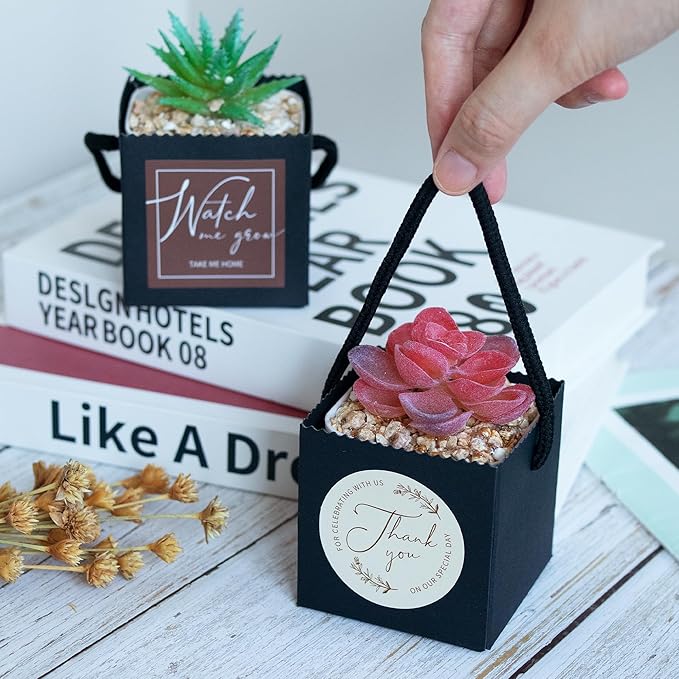 Temlum 2.5 Inch Succulent Wrap Bags (Fits 2.5″ Pots) with Thank You & Watch Me Grow Stickers, Small Succulent Gift Box for Wedding, Baby Shower, Succulent Party Favors for Guests (Black 40pcs)