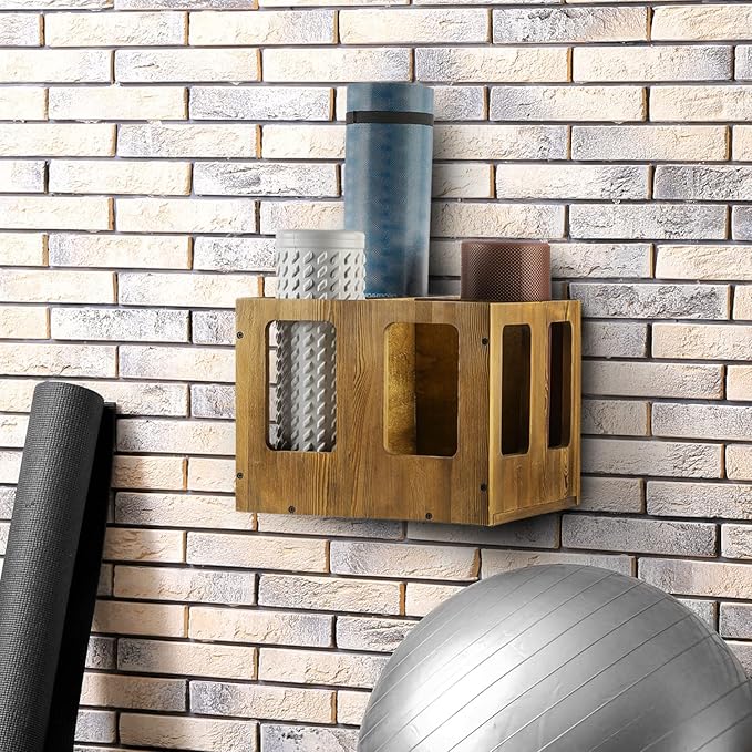 MyGift 4-Slot Vintage Brown Wood Foam Roller Storage Organizer, Wall Mounted or Floor Standing Holder Rack for Yoga Mats and Gym Accessories