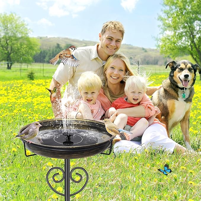 Metal Bird Bath for Outside, Standing Garden Bird Bath Bird Feeder Bowl with 5-Pronged Stake, Detachable Birdfeeder Bath for Outdoors Garden Patio Yard Lawn Decor (Vintage Gold)