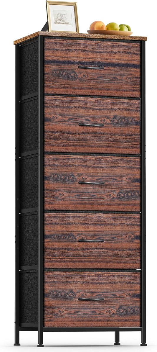 5 Fabric Drawer Dresser for Bedroom, Chest of Drawers with Waterproof Wood Top Tall Dresser for Hallway, Living Room, Kid Room (Rustic Brown)
