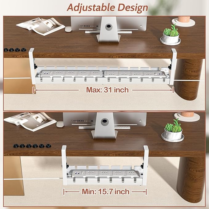 Shikha Cable Management Under Desk, 15.7"-31" Retractable Cable Management Tray, No Drilling Cord Organizer with Clamp for Desk, Under Table Wire Management Tray for Home Office -White