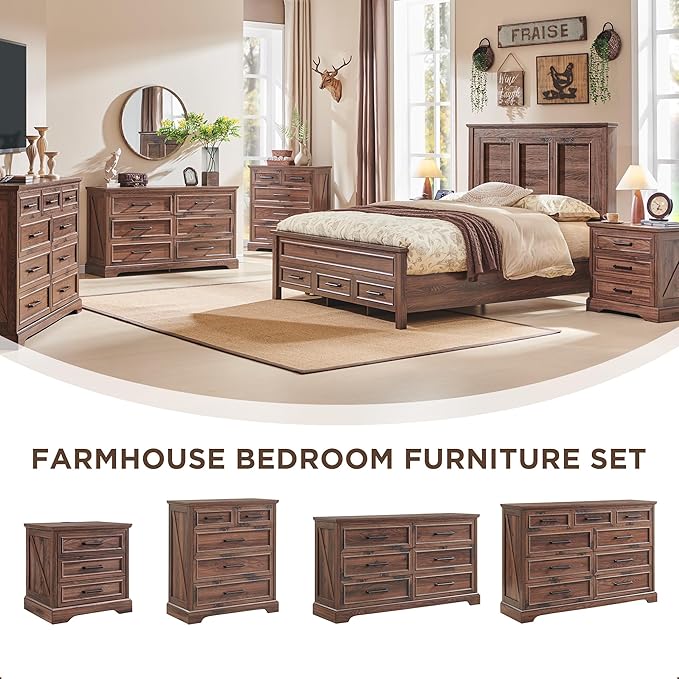 Farmhouse 6 Drawer Dresser for Bedroom, 52 Inch Wide Modern Dresser TV Stand with Large Drawers & Bar Handles, Rustic Wood Chest of Drawers for Bedroom, Living Room, Hallway, Brown