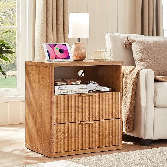 LEYAOYAO Fluted Farmhouse Nightstand Set of 2 with Charging Station, 23" Wide 2 Drawers End Table,Brown Dresser for Bedroom,Bed Side Table Chest of Drawers Cabinet,Wood Night Stand for Living Room