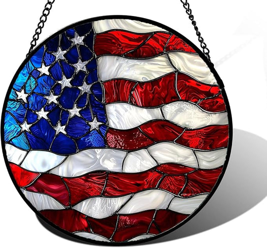 Stained Glass Window Hanging, Blue, White Red National Flag Pattern Sun Catchers Diamond Glass Panel Window Hangings Decor for Birthday Gifts for Women, Men, and Mom 7.8x7.8 in