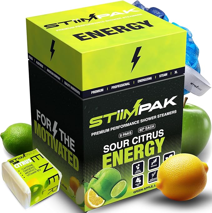 Shower Steamers | Energy | XL 80g Long Lasting | Caffeine, B12, Ginseng, & Menthol | Gift for Men & Women | Extra Strength Aromatherapy for Focus & Productivity | Sour Citrus | STiiMPAK (8 Pack)