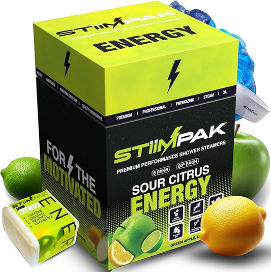 Shower Steamers | Energy | XL 80g Long Lasting | Caffeine, B12, Ginseng, & Menthol | Gift for Men & Women | Extra Strength Aromatherapy for Focus & Productivity | Sour Citrus | STiiMPAK (8 Pack)
