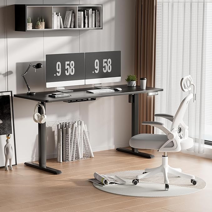 Furmax Electric Standing Desk, 59 x 24 Inches Height Adjustable Desk with Wheels, Home Office Computer Desk with Management Box (Carbon Black)