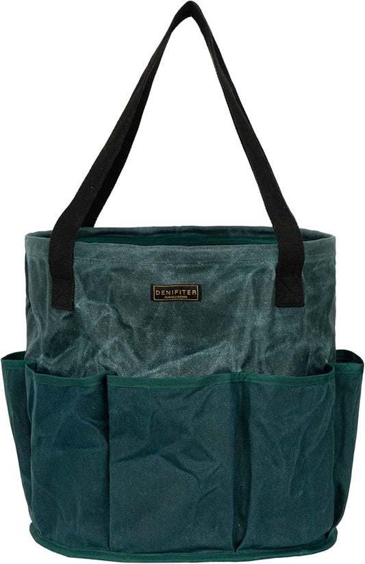Heavy Duty Waxed Canvas Gardening Tote Bag - 14-Inch Water-Resistant Tool Organizer with 8 Pockets | Multi-Compartment Storage Solution for Pruning Shears, Gloves, and Small Tools (DarkGreen)