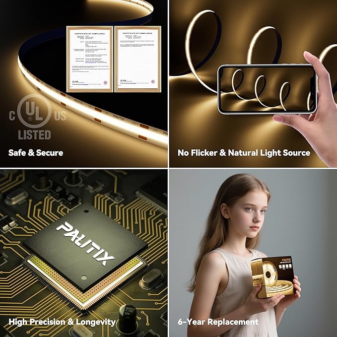 PAUTIX COB LED Strip Light 32.8ft,Engineering Level UL Listed Warm White 3000K,CRI93+ Super Bright High Lumen,Dimmable 24V Flexible LED Tape Light with RF Remote,for Cabinets,Home&Office DIY Lighting