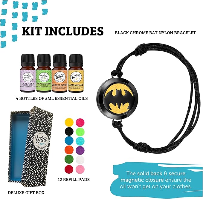Wild Essentials Black Chrome Bat Essential Oil Diffuser Bracelet Gift Set with Aromatherapy Pendant, Adjustable Nylon Band, 12 Pads and 100% Pure Oils; Lavender, Lemongrass, Orange and Peppermint